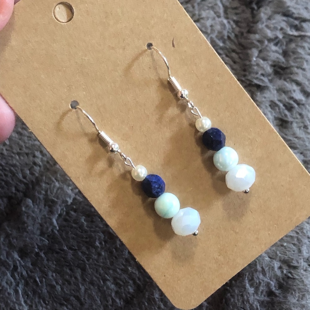 Handcrafted art glass genuine sodalite opalite glass dangle earrings